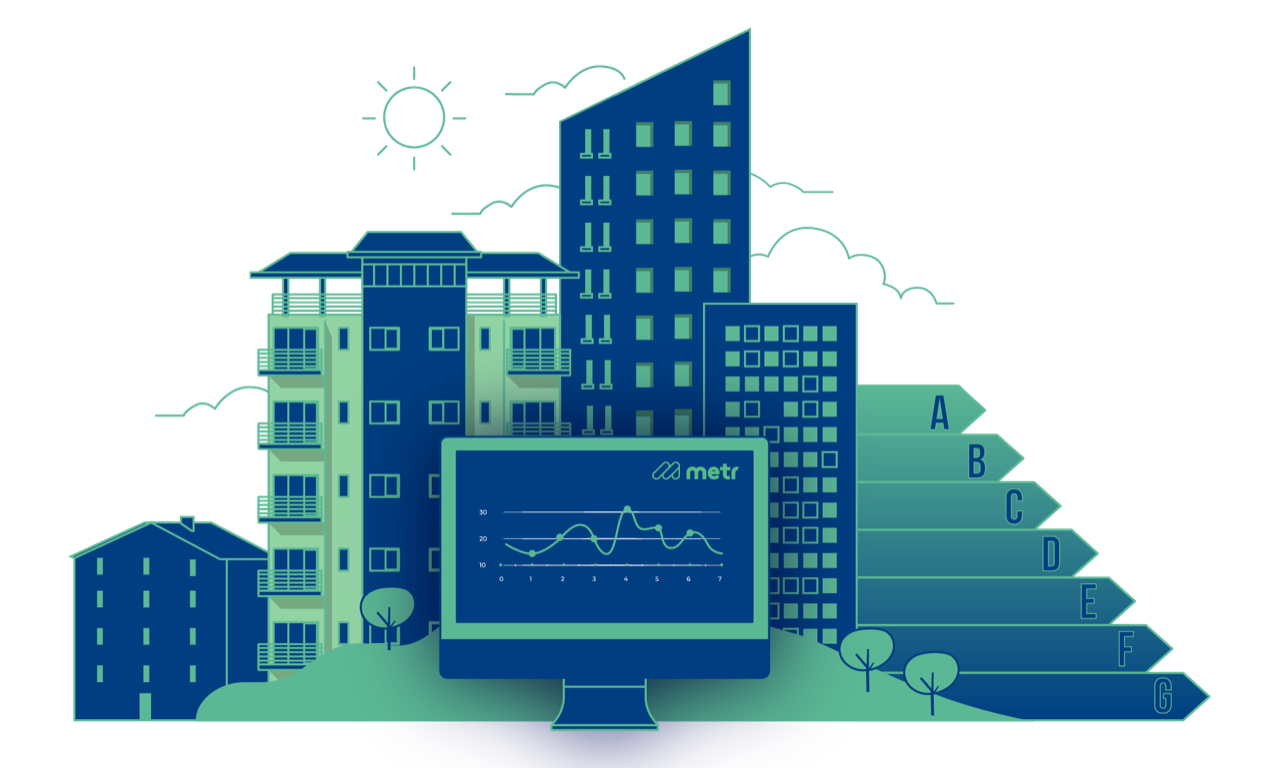 Eine Illustration mit vier Gebäuden, einem Monitor sowie Balken, die Energielevel anzeigen.
