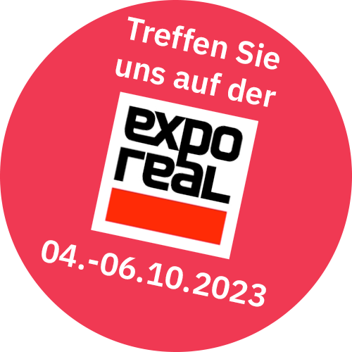 Ein runter roter Kreis mit Text und dem Logo der Expo Real.